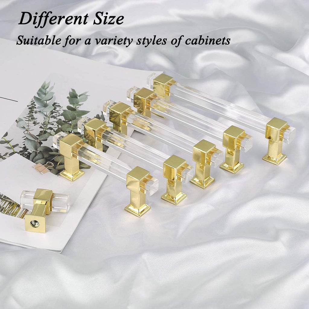 25 Pack 4 Inch Hole Center Gold Cabinet Handles with Square Acrylic Tube and Zinc Alloy Base K1919