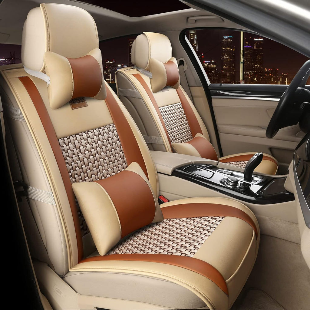 Black White Waterproof Leather Car Seat Cover Full Set for 5 Seats U442