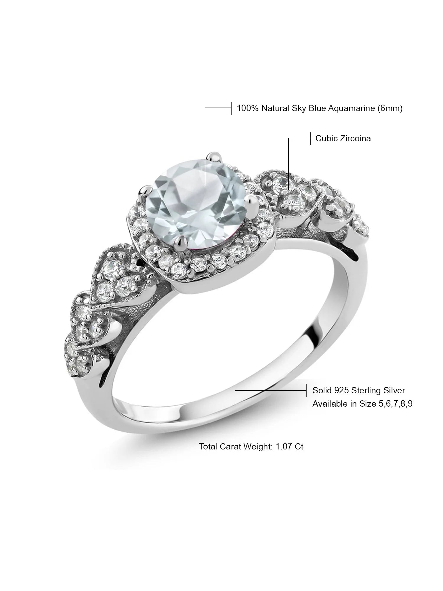 925 Sterling Silver Sky Blue Aquamarine Engagement Ring O683049