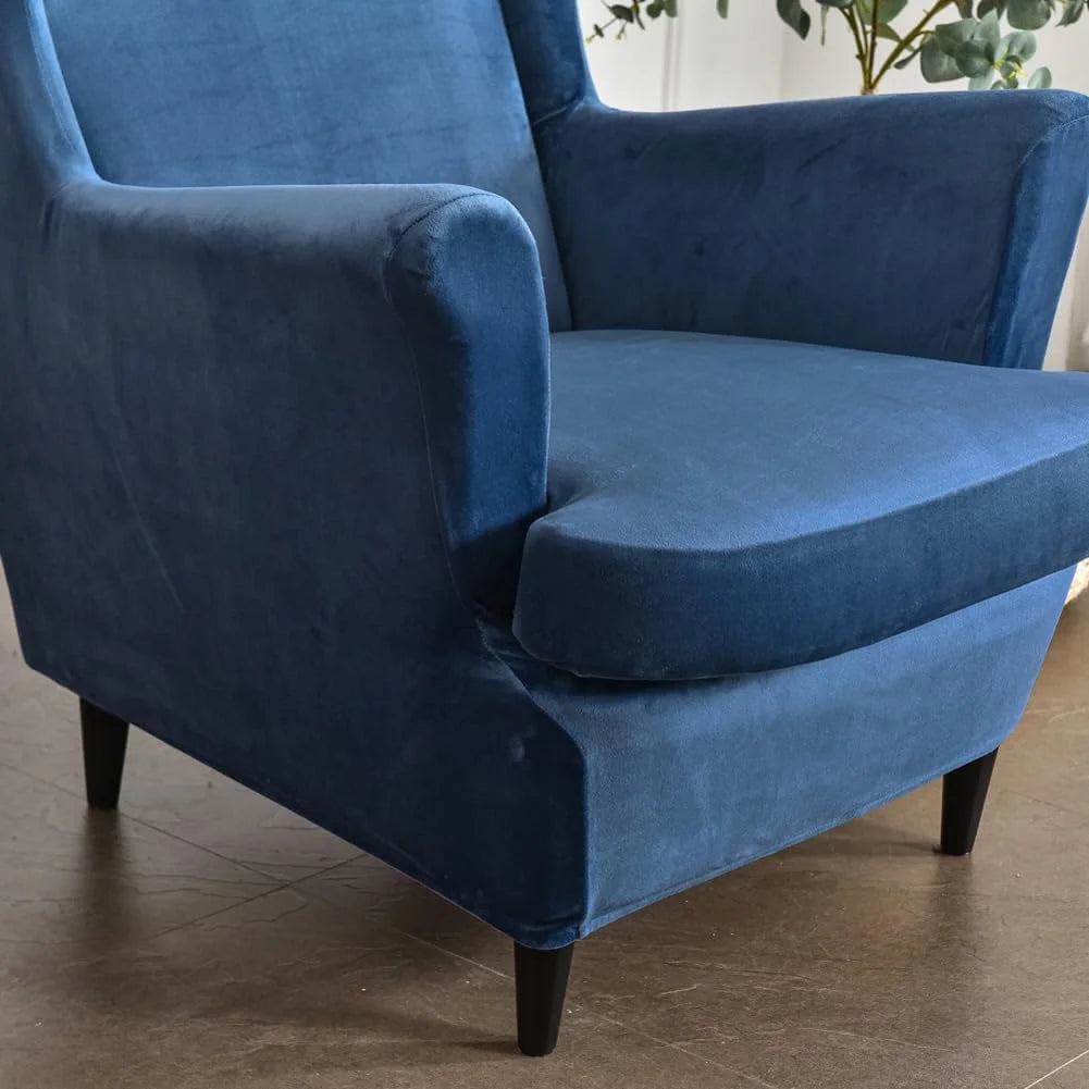 Navy Velvet Stretch Wingback Chair Sofa Slipcover with Elastic Bottom B514763