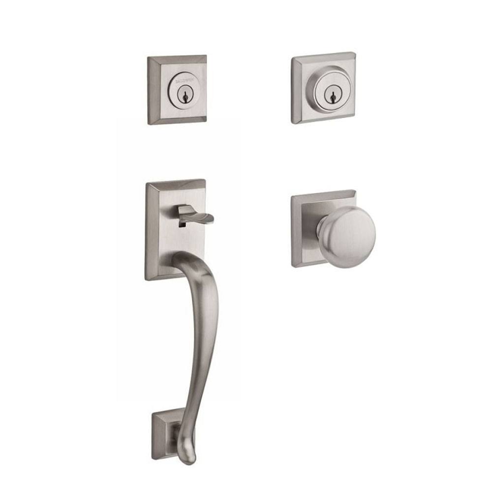 Double Cylinder Napa Handleset with Round Knob and Traditional Square Rose Satin Nickel T42103