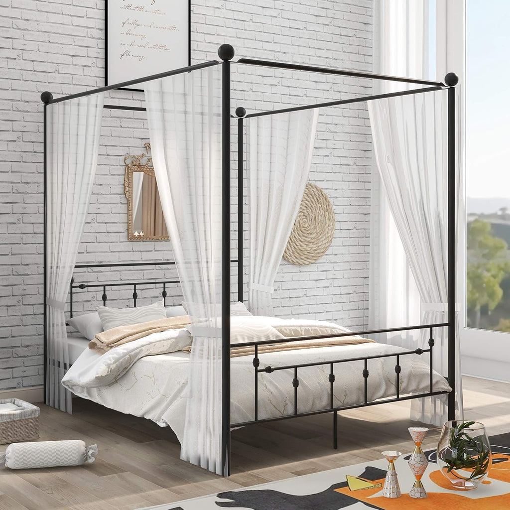 Queen Size Metal Canopy Bed Frame with Built-in Headboard D91300