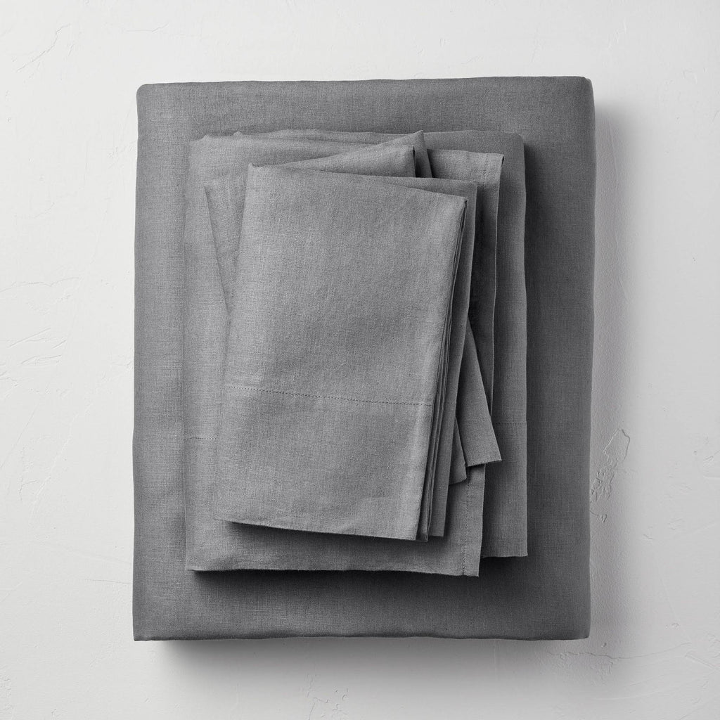 Queen 100% Washed Linen Solid Sheet Set Dark Gray R1866