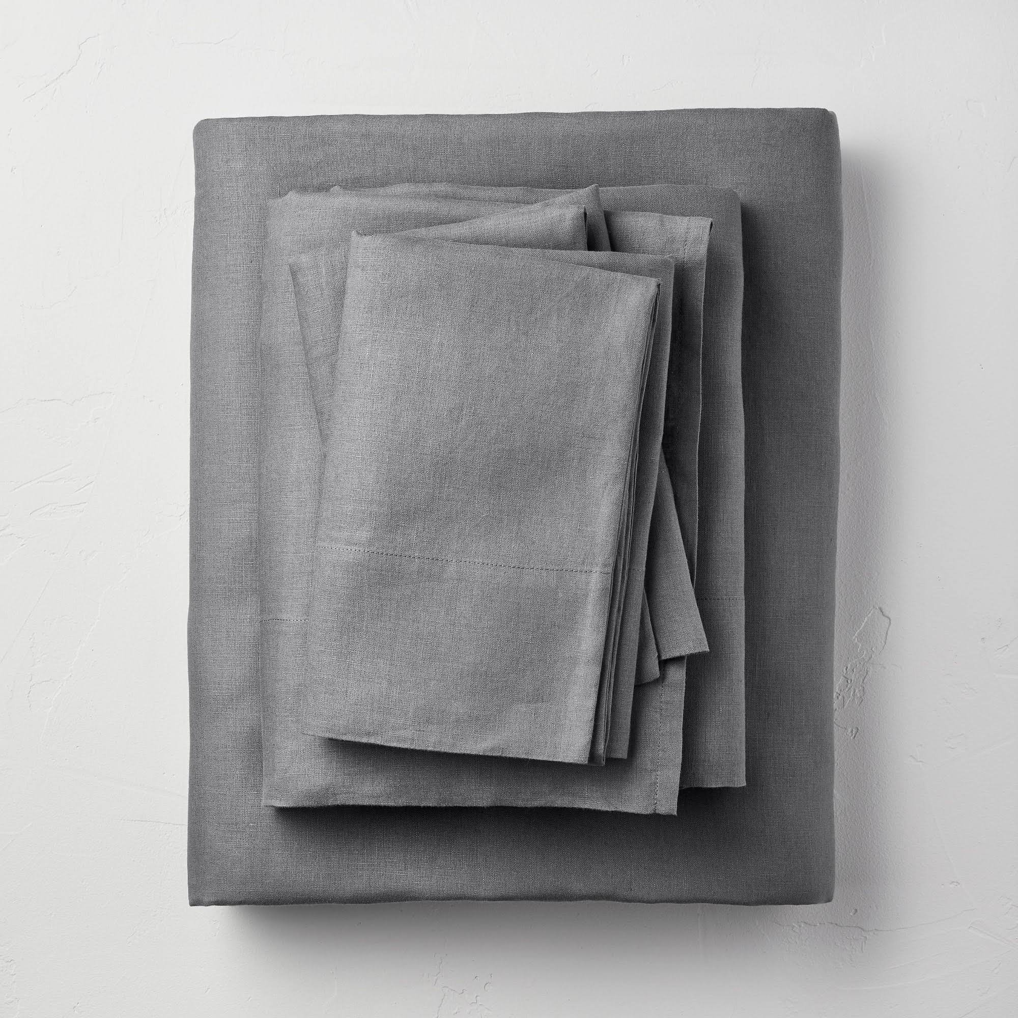 Queen 100% Washed Linen Solid Sheet Set Dark Gray R1866