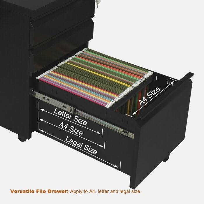 Black Metal 3-Drawer Mobile Vertical Filing Cabinet B722368
