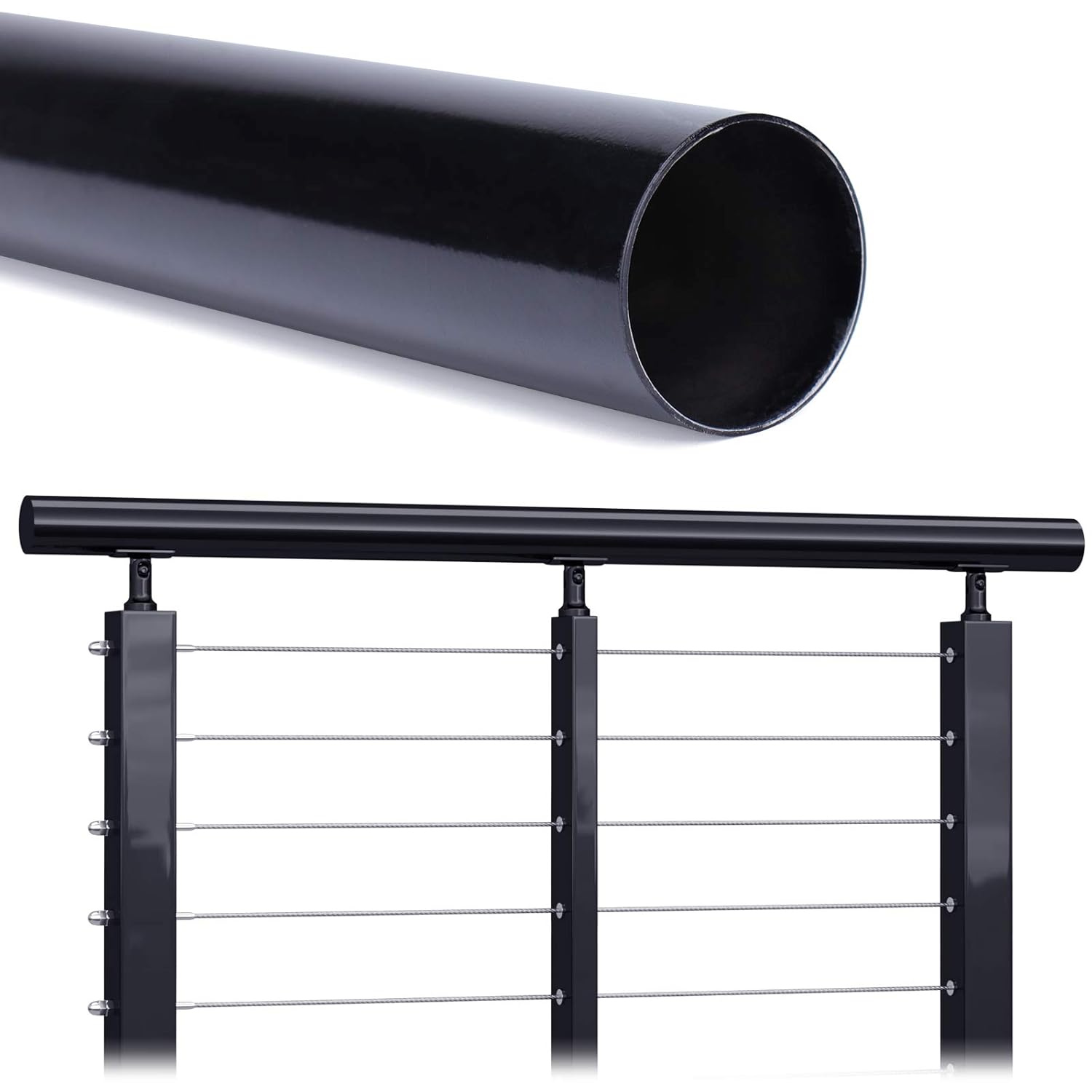 6.6Ft Stainless Steel Handrail Black Powder Coated Round Pipe Tube Y6370