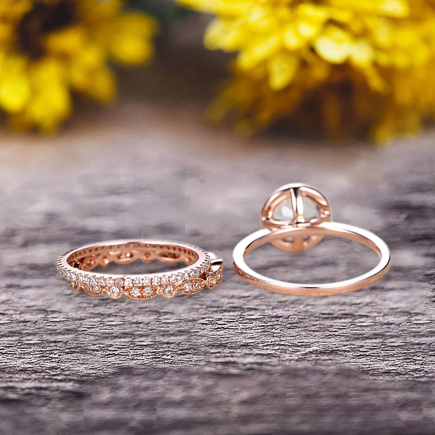 10k Rose Gold 2.25 Carat 6mm Round Cut Aquamarine Engagement Rings With Two Matching Wedding Band E999765