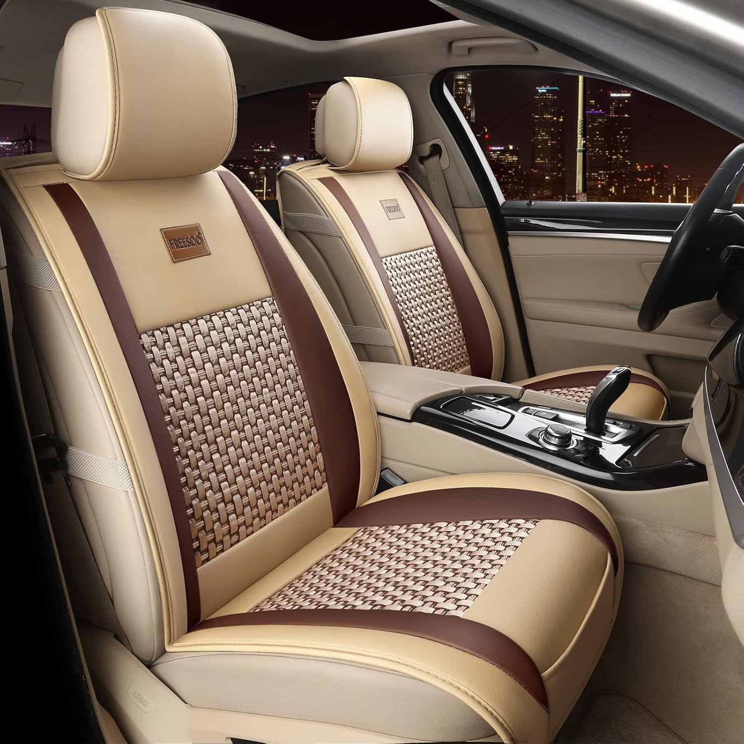 Black White Waterproof Leather Car Seat Cover Full Set for 5 Seats U442