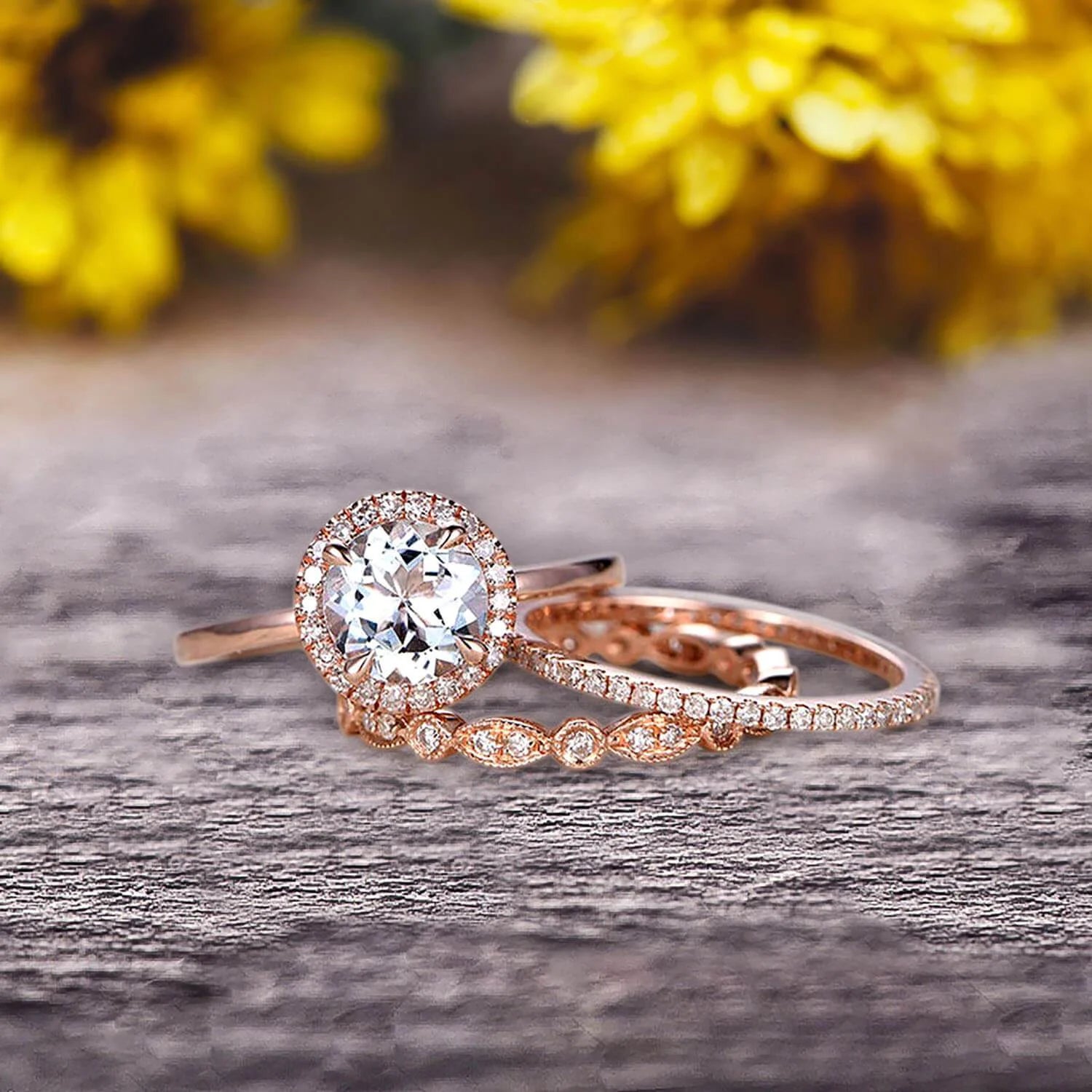 10k Rose Gold 2.25 Carat 6mm Round Cut Aquamarine Engagement Rings With Two Matching Wedding Band E999765