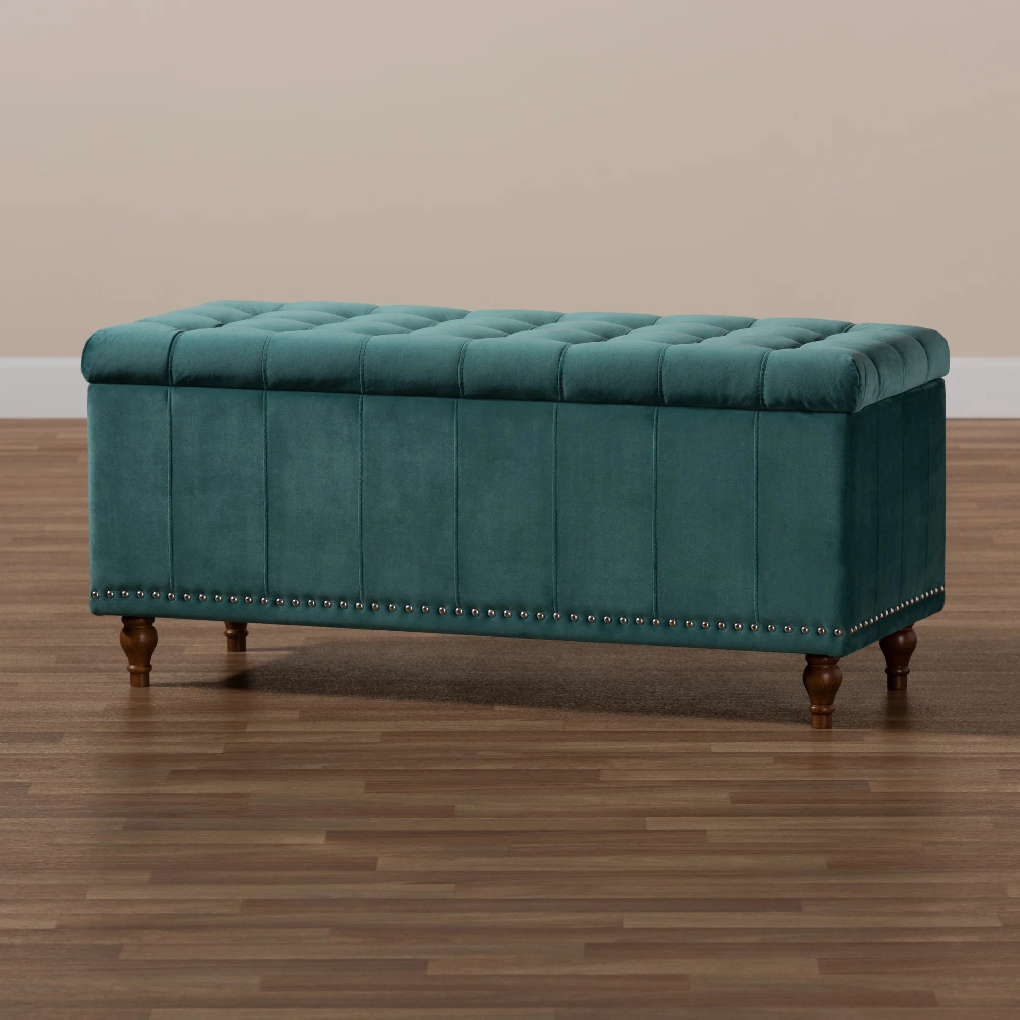 Teal Blue Velvet Button-Tufted Storage Ottoman Bench U5758