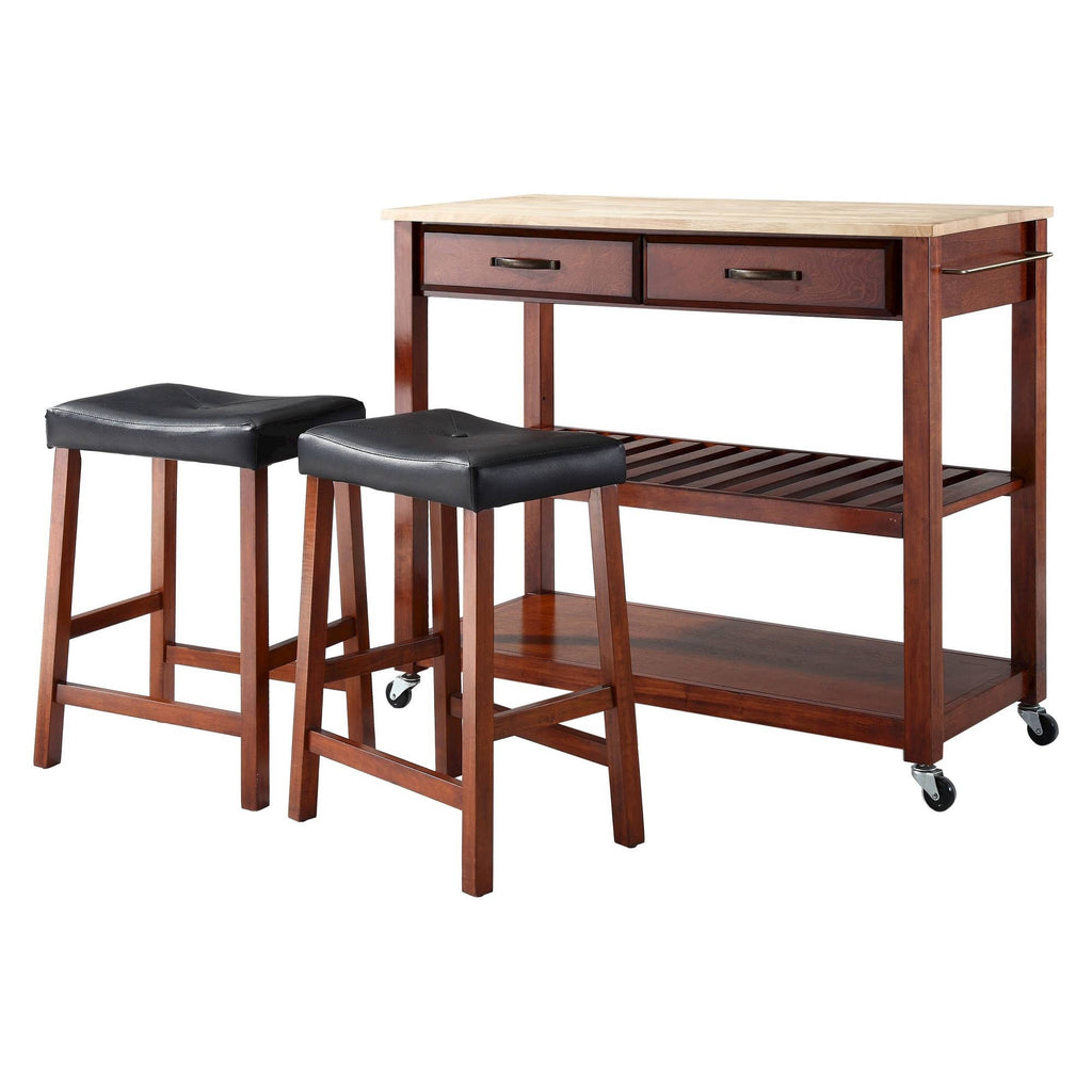 Natural Wood Top Kitchen Cart with 24x22 Saddle Stools S87008