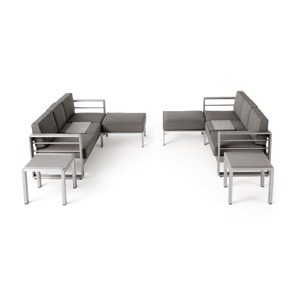 6 Seater Aluminum Sofa and Ottoman Set with Side Tables, Silver and Khaki V145068