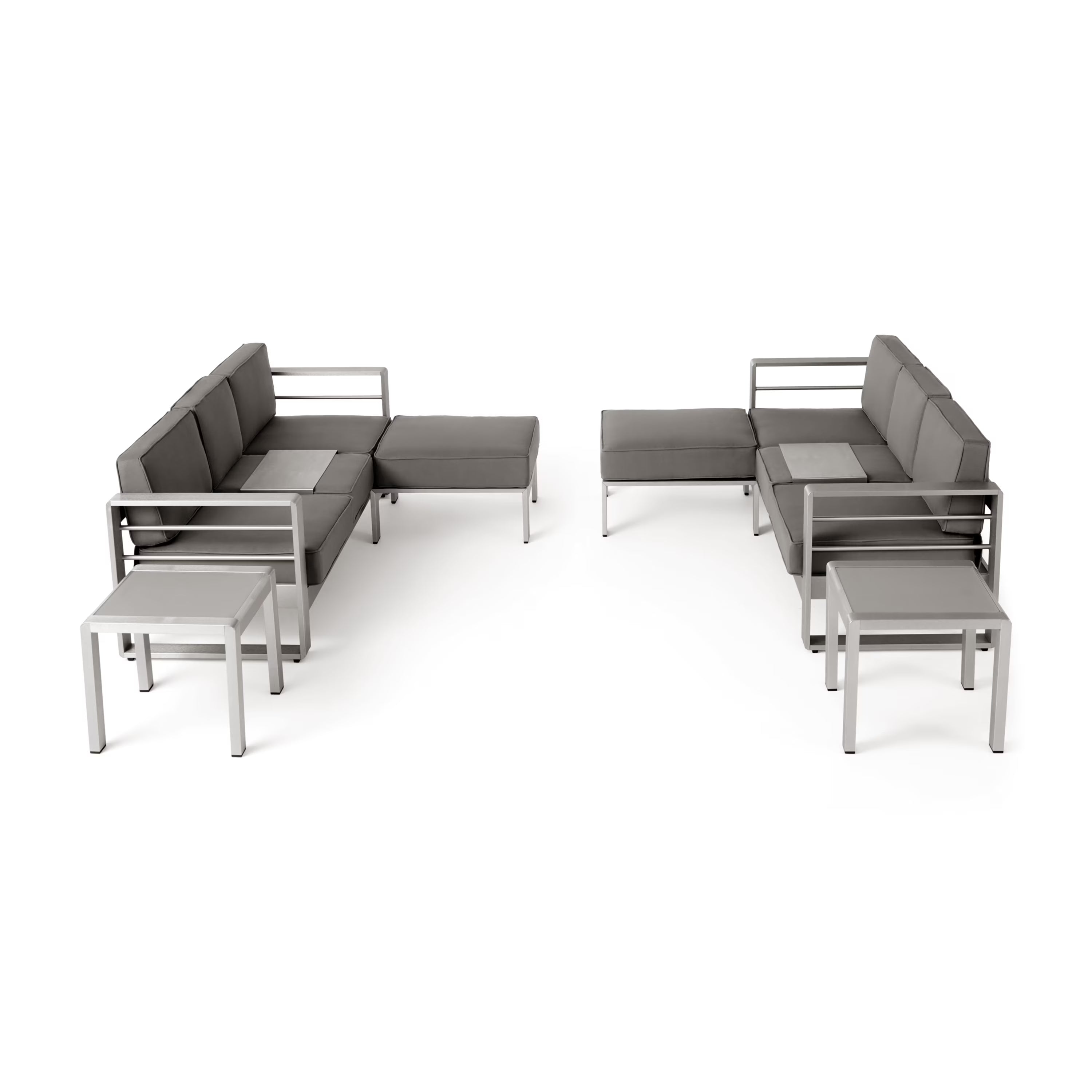 6 Seater Aluminum Sofa and Ottoman Set with Side Tables, Silver and Khaki V145068