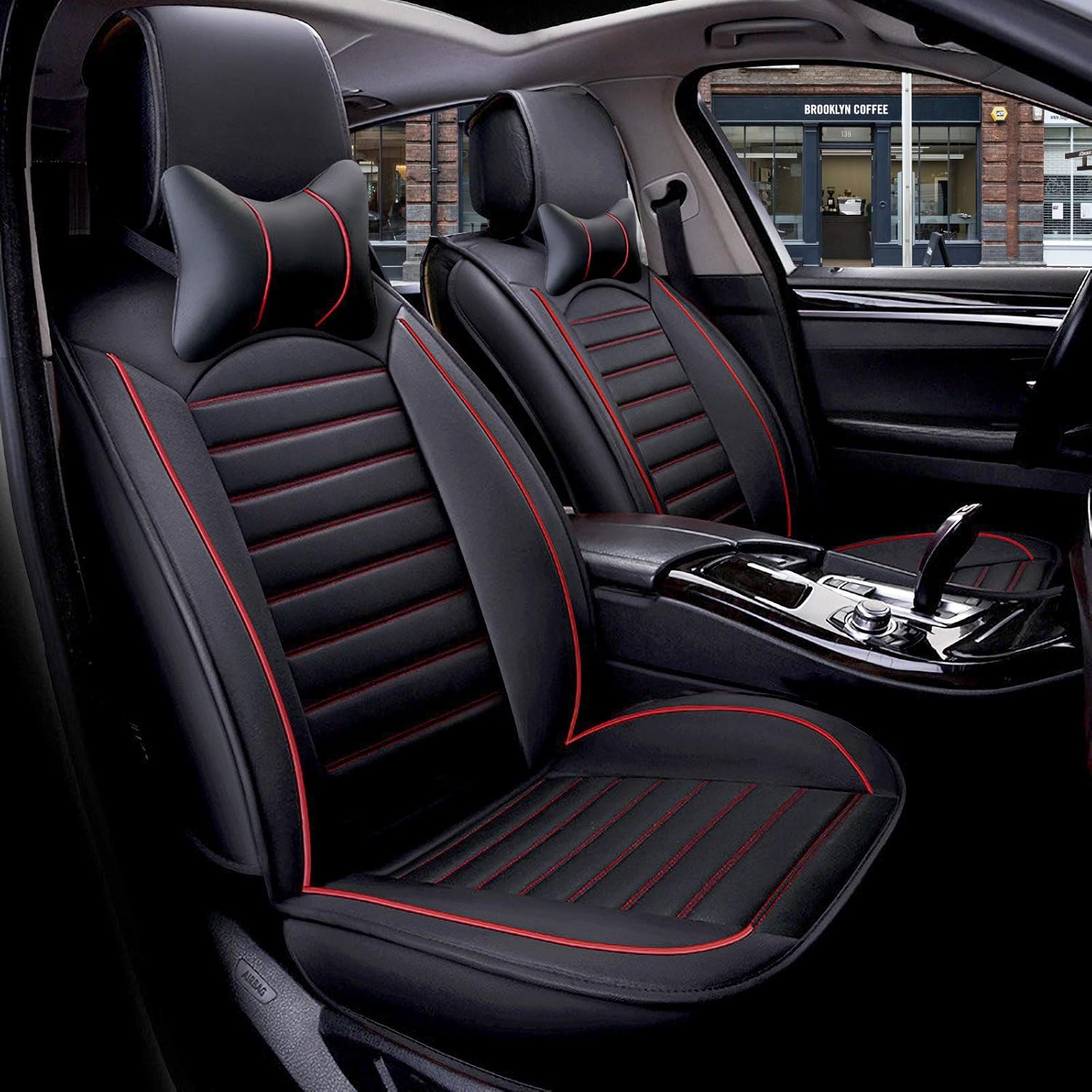Black White Waterproof Leather Car Seat Cover Full Set for 5 Seats U442