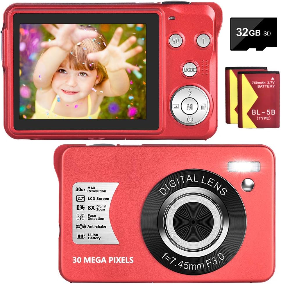 Compact 30MP 1080P Digital Camera with 32GB SD Card and 2 Batteries G4879