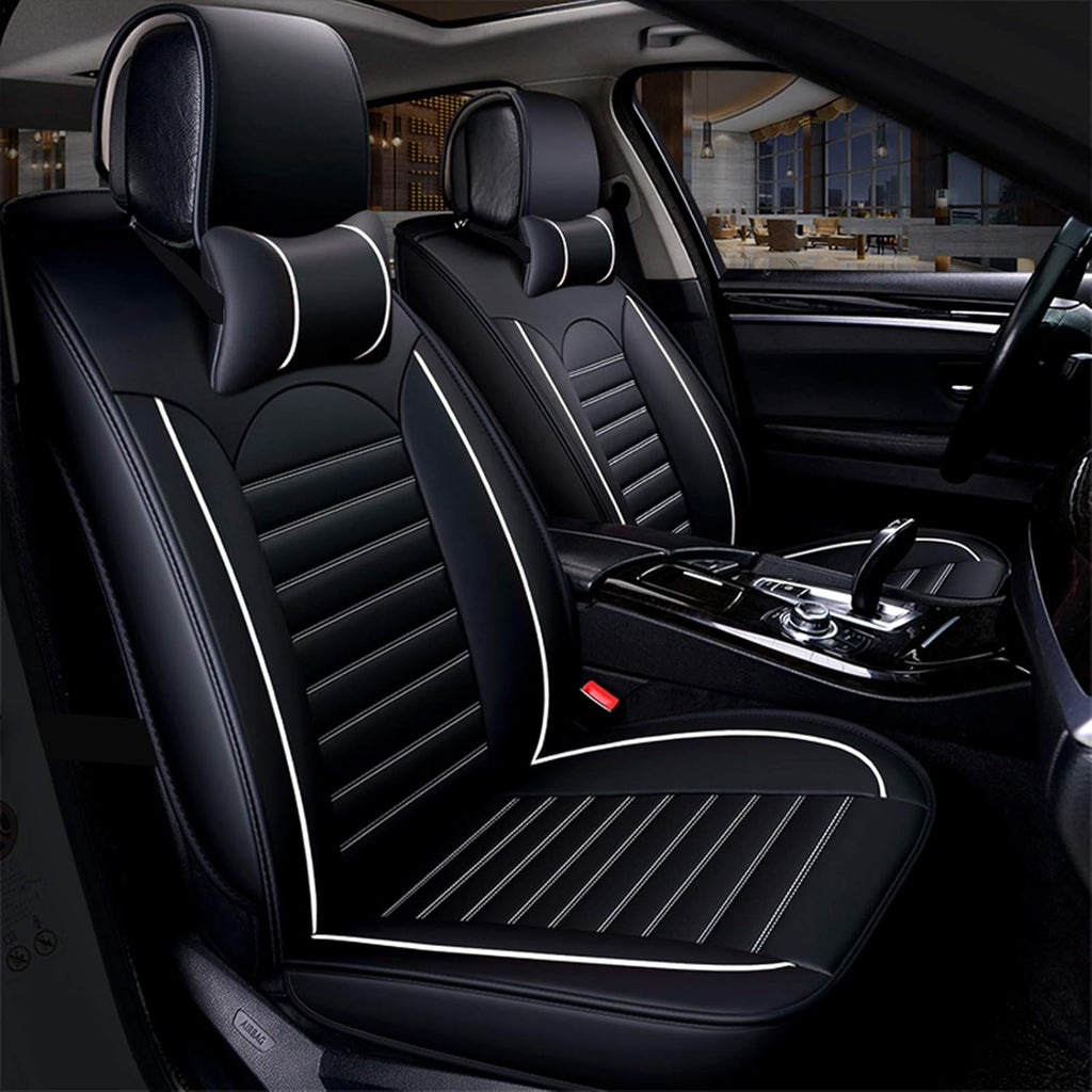 Black White Waterproof Leather Car Seat Cover Full Set for 5 Seats U442