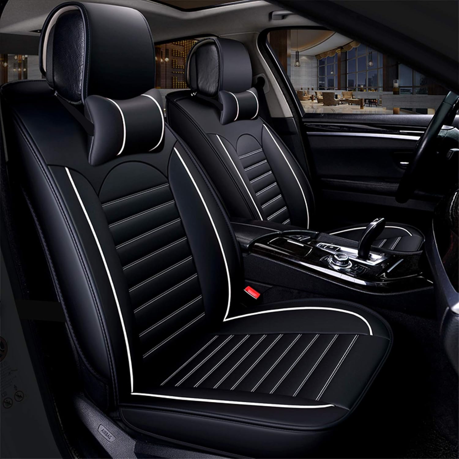Black White Waterproof Leather Car Seat Cover Full Set for 5 Seats U442