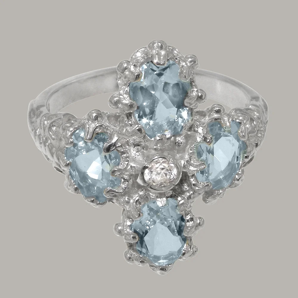 Sterling Silver Diamond & Aquamarine Ring A365