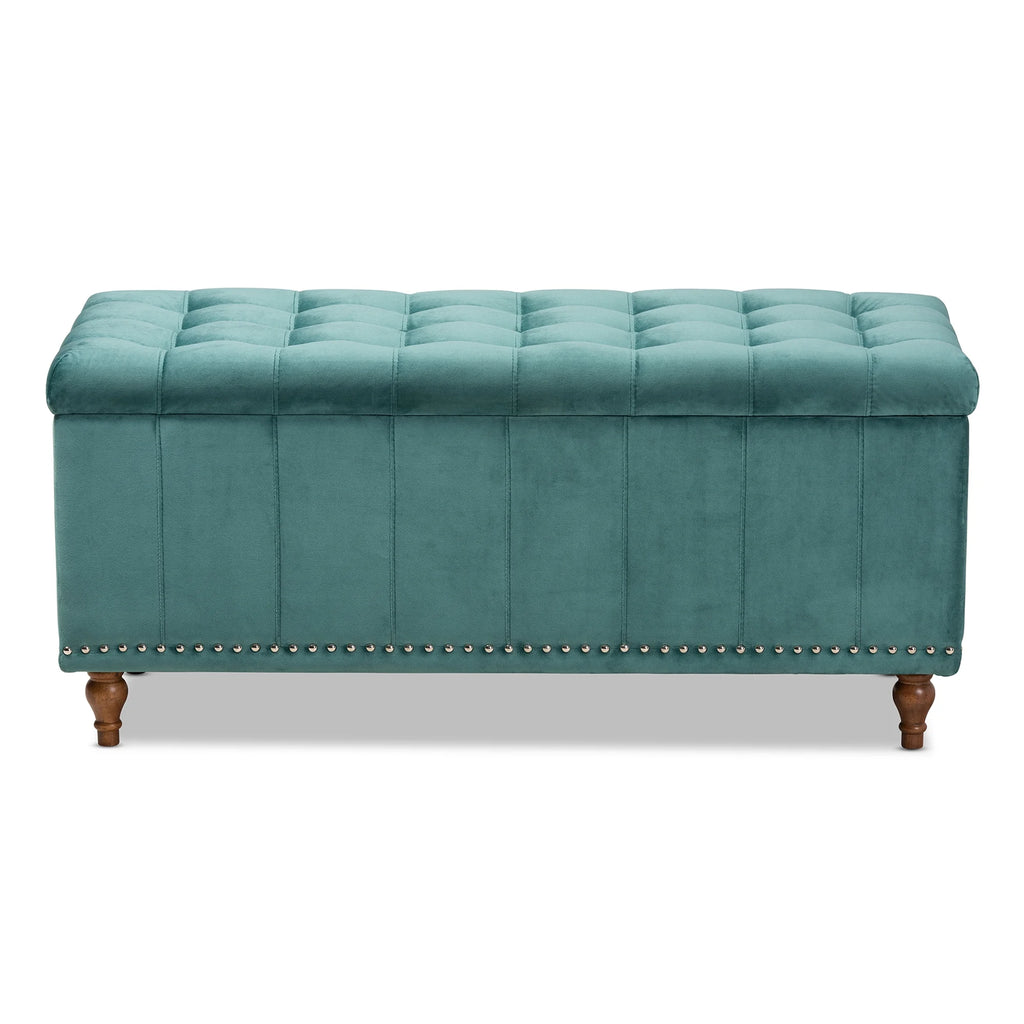 Teal Blue Velvet Button-Tufted Storage Ottoman Bench U5758