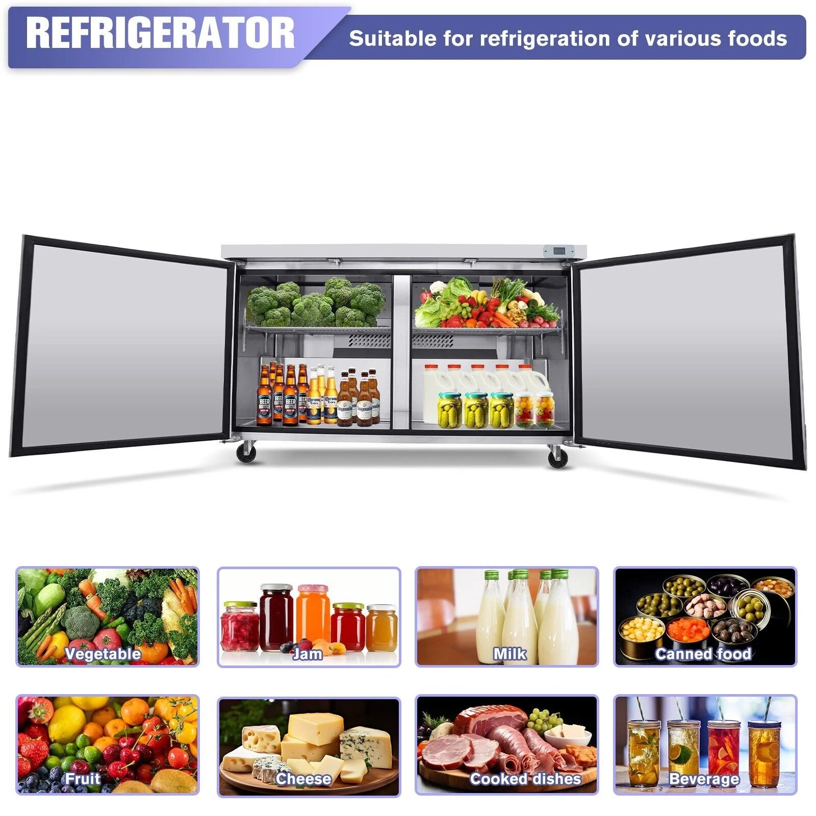 60" Commercial Stainless Steel Undercounter Work Top Refrigerator 18Cu.Ft F928