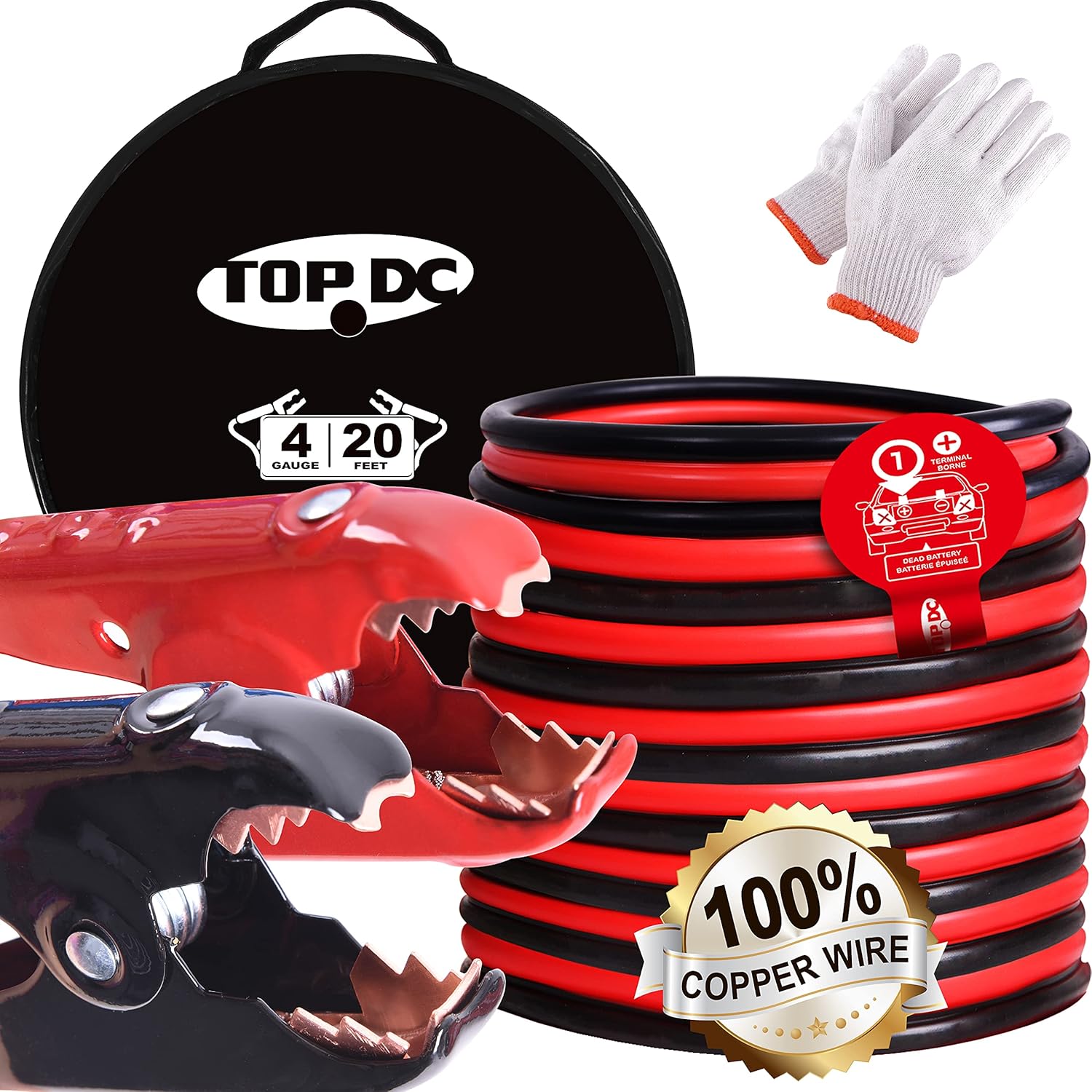 100% Copper Jumper Cables 4 Gauge 20 Feet Heavy Duty Booster Cables with Carry Bag and Safety Gloves G304114