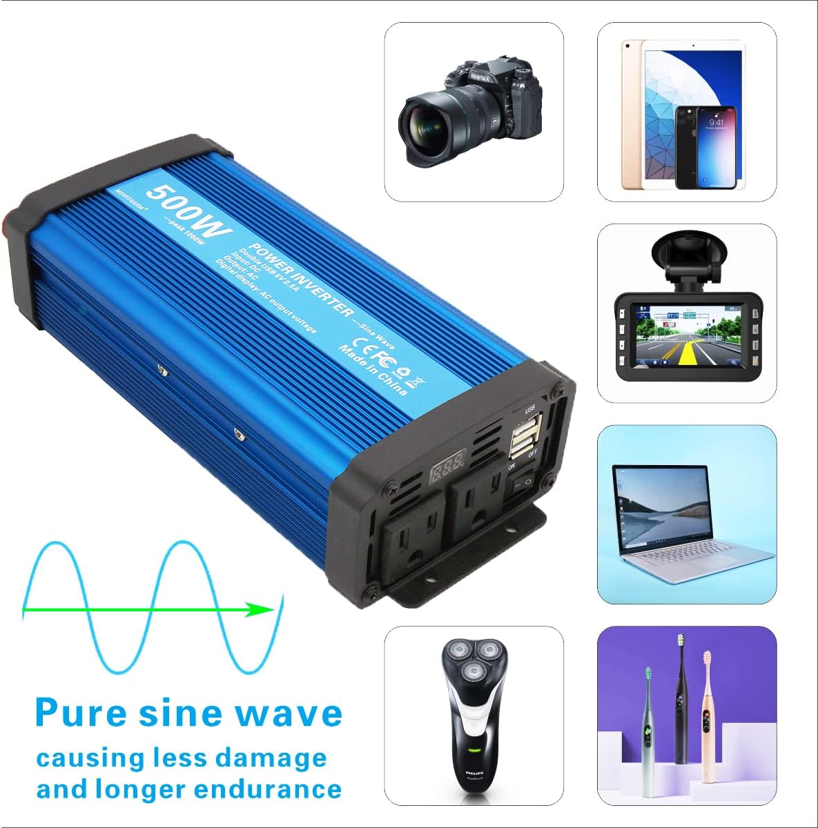 500W Pure Sine Wave Power Inverter DC 12V to 110V AC with 2.4A USB Car Charger Adapter I28296